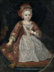 Portrait of a Little Girl in a Red Dress with White Apron